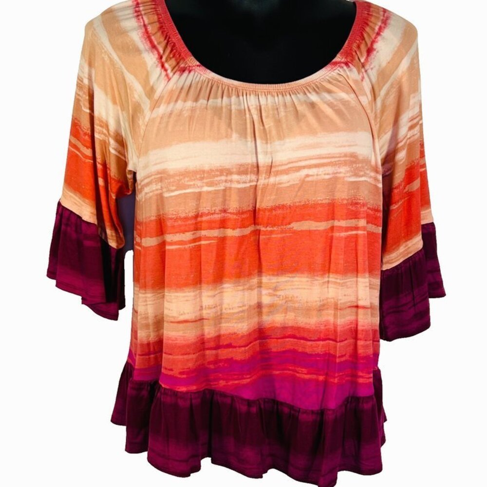 Style & Co Women's S Purple Watercolor Stripe Gathered Round Neck Knit Ruffle